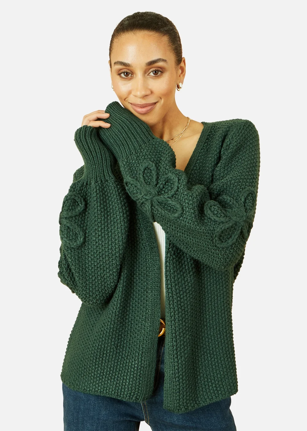 Yumi Green Edge to Edge Cardigan With Flower Detail Sleeves - L Image 2