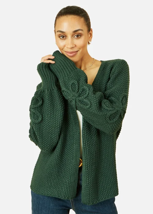 Yumi Green Edge to Edge Cardigan With Flower Detail Sleeves - L Image 2