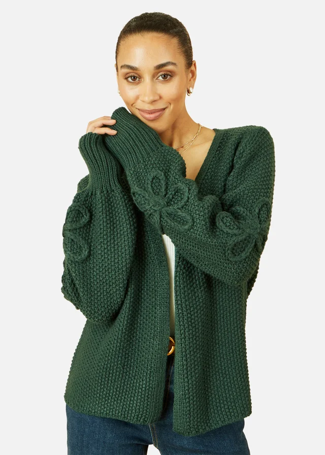 Yumi Green Edge to Edge Cardigan With Flower Detail Sleeves