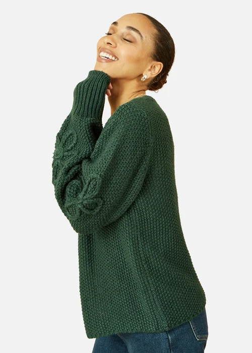 Yumi Green Edge to Edge Cardigan With Flower Detail Sleeves - L Image 3