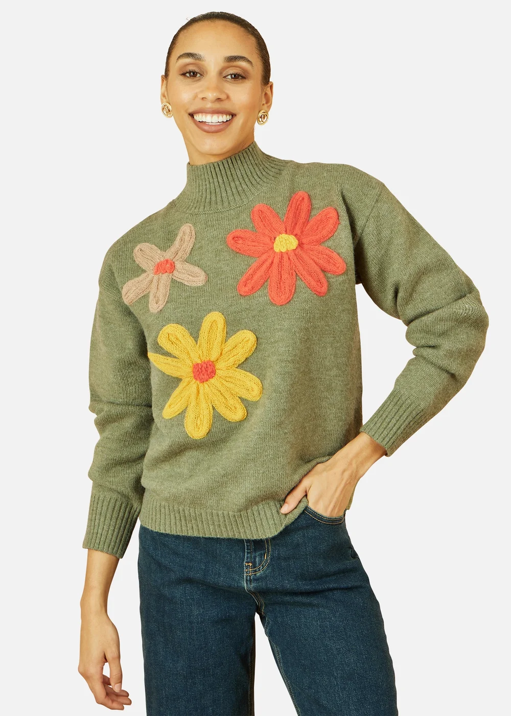 Yumi Green Knitted High Neck Jumper With Applique Flowers - M Image 3