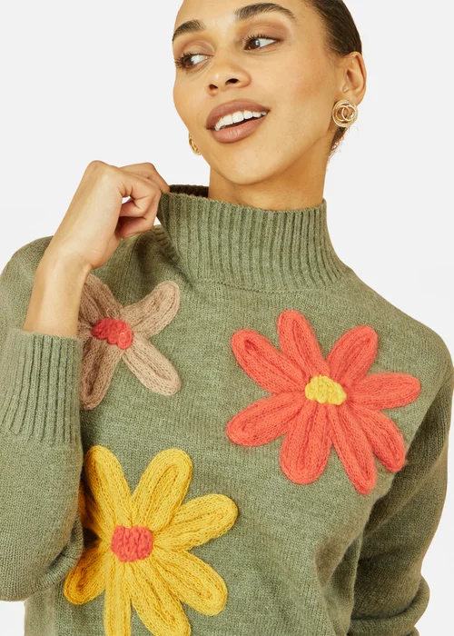 Yumi Green Knitted High Neck Jumper With Applique Flowers - M Image 2