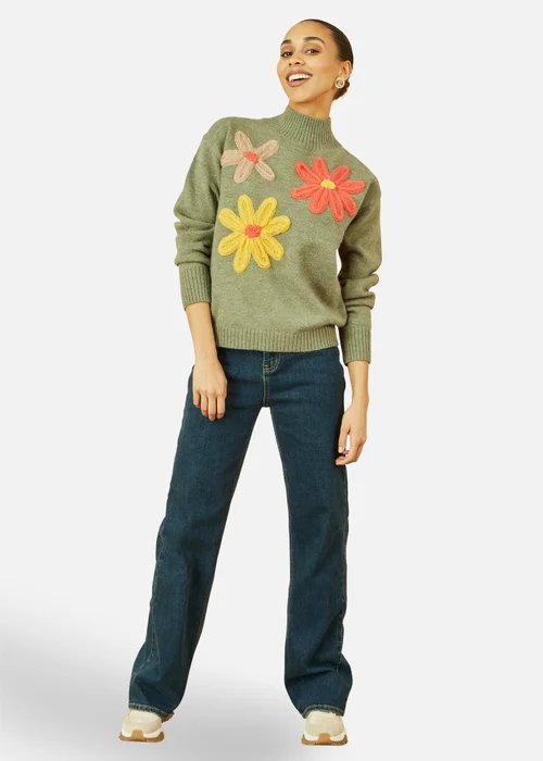 Yumi Green Knitted High Neck Jumper With Applique Flowers - M Image 1
