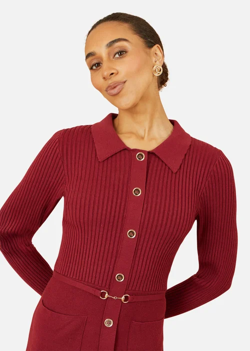 Yumi Burgundy Rib Knit Midi Shirt Dress With Snaffle Belt - M Image 3