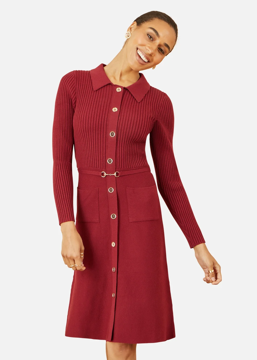 Yumi Burgundy Rib Knit Midi Shirt Dress With Snaffle Belt - M Image 2