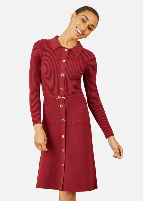 Yumi Burgundy Rib Knit Midi Shirt Dress With Snaffle Belt - M Image 2