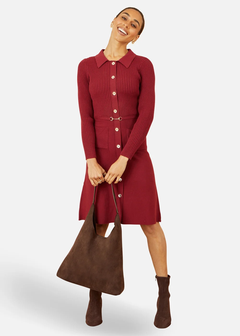 Yumi Burgundy Rib Knit Midi Shirt Dress With Snaffle Belt - M Image 1