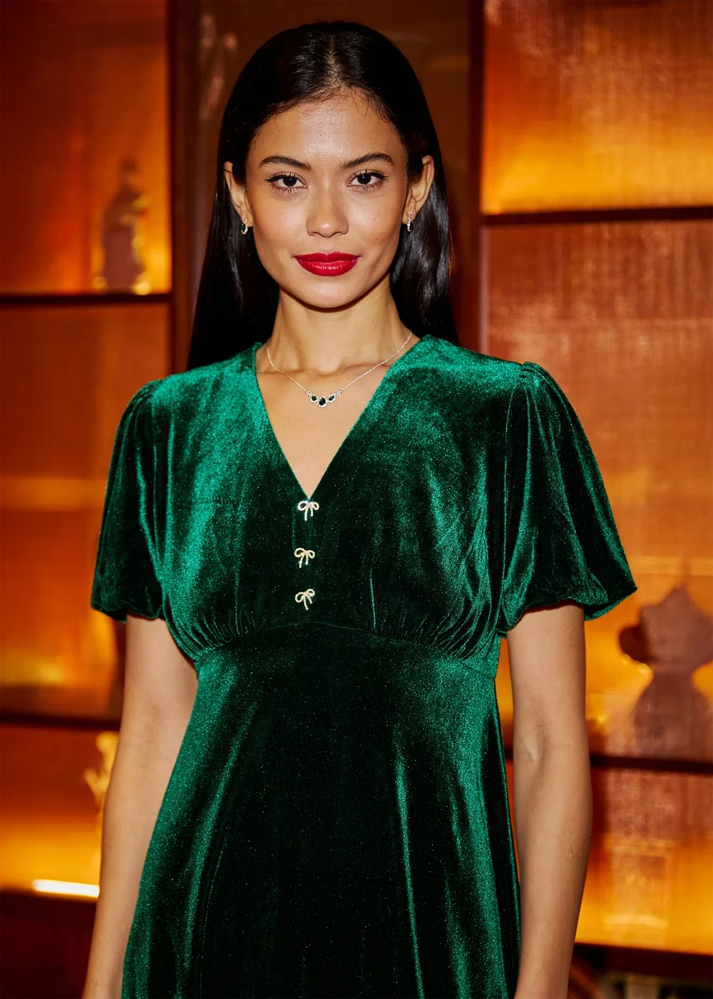 Yumi Green Velvet Skater Dress With Dimante Bow Detail - 10 Image 3
