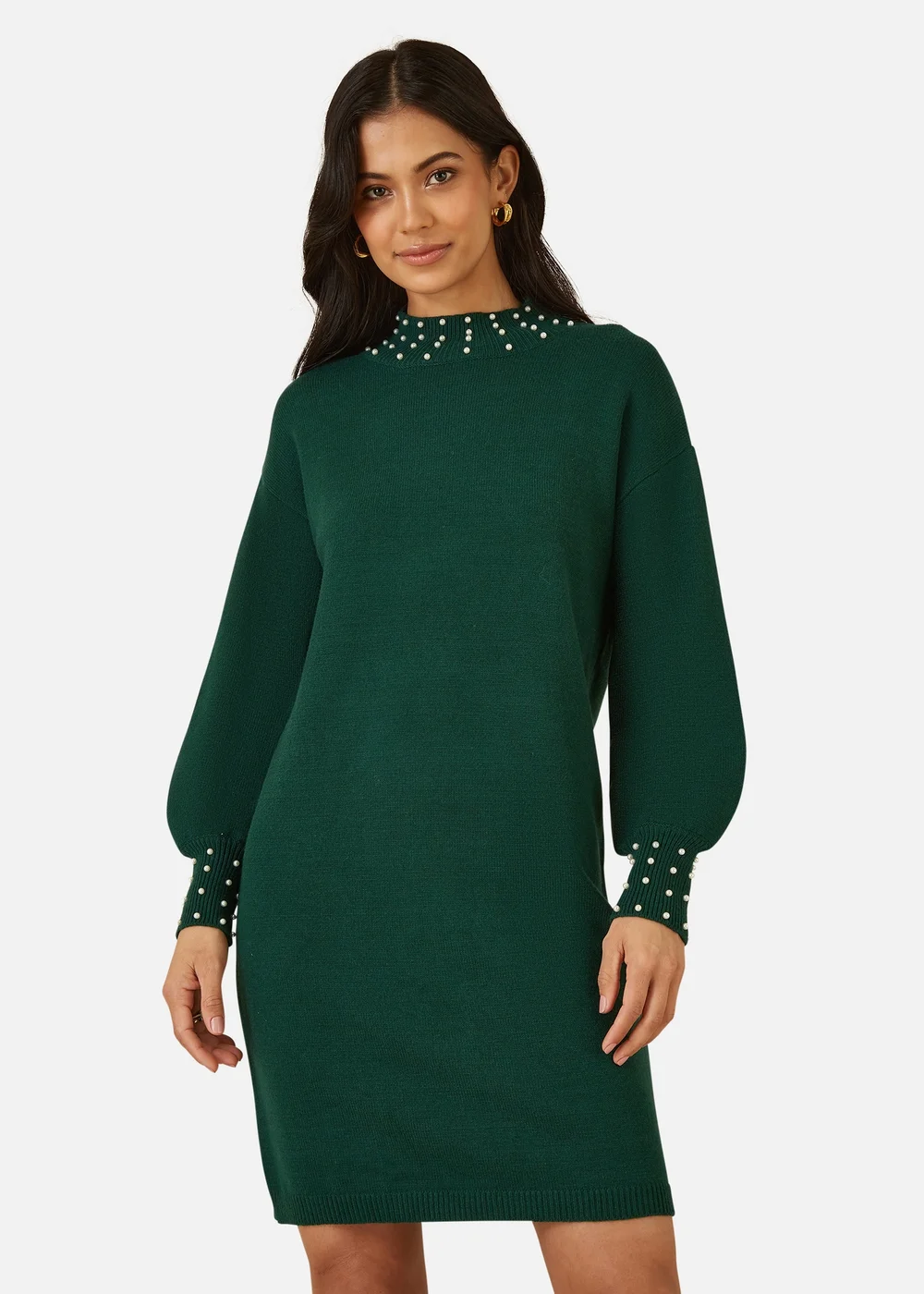 Yumi Green Pearl Detail Knitted Relaxed Jumper Dress - M | Matalan Yumi Green Pearl Detail Knitted Relaxed Jumper Dress - M | Matalan