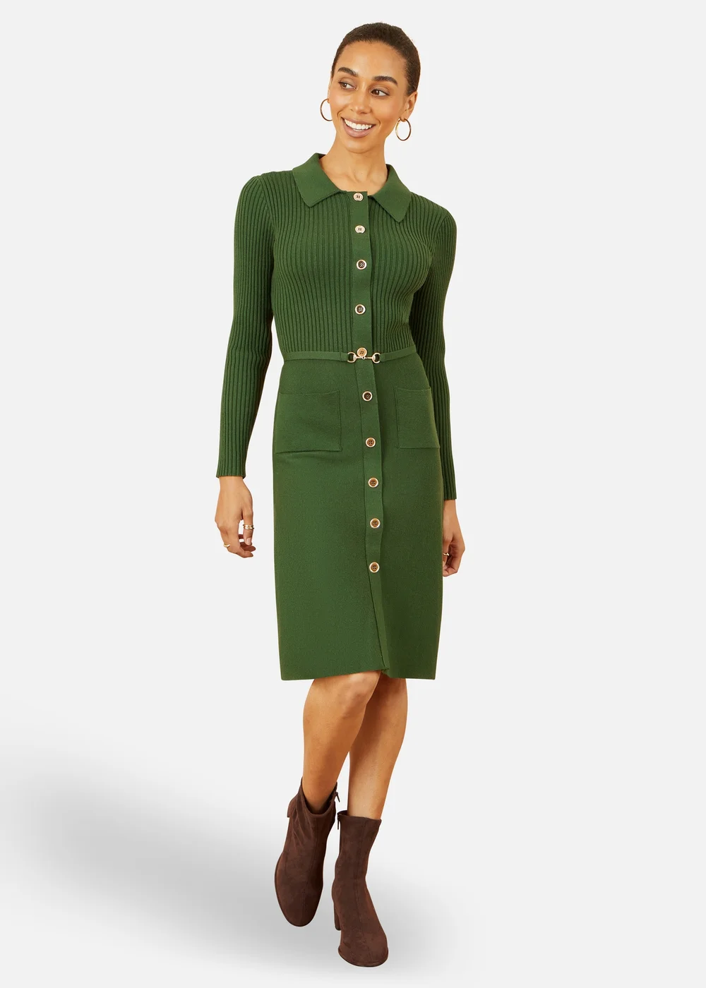 Yumi Green Rib Knit Midi Shirt Dress With Snaffle Belt - L | Matalan Yumi Green Rib Knit Midi Shirt Dress With Snaffle Belt - L | Matalan