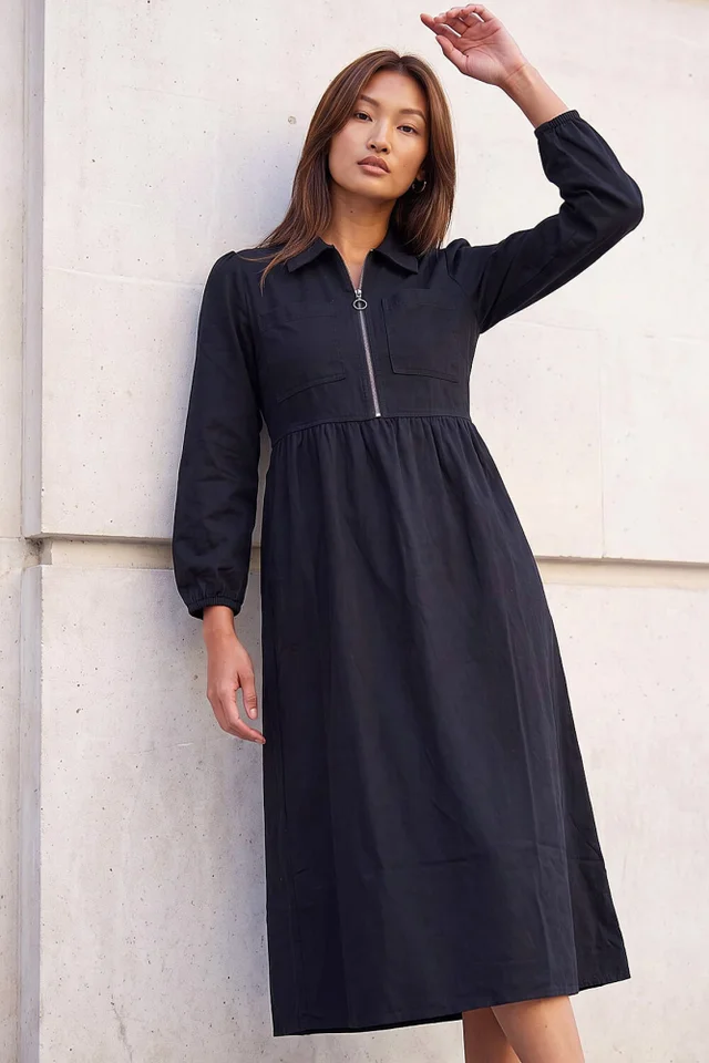 Roman Black Zip Front Collared Midi Dress