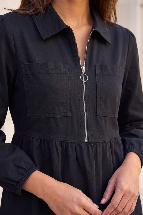 Roman Black Zip Front Collared Midi Dress - 16 Image 4