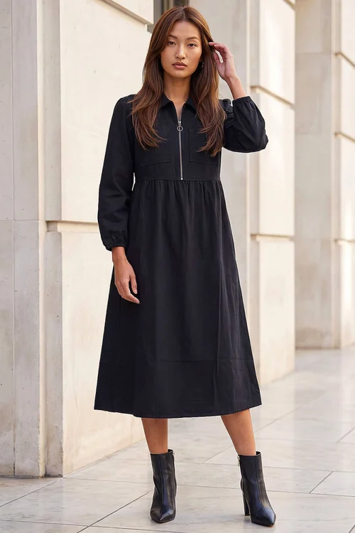Roman Black Zip Front Collared Midi Dress - 16 Image 2