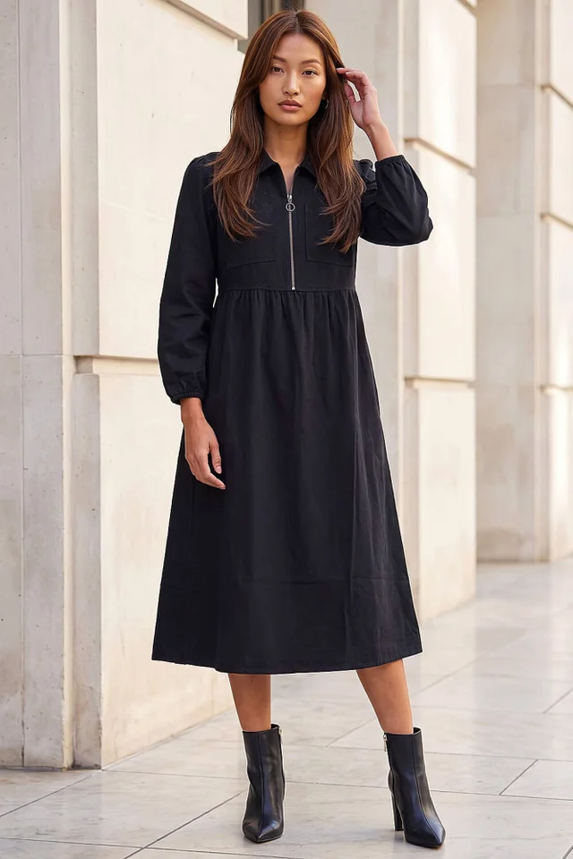 Roman Black Zip Front Collared Midi Dress