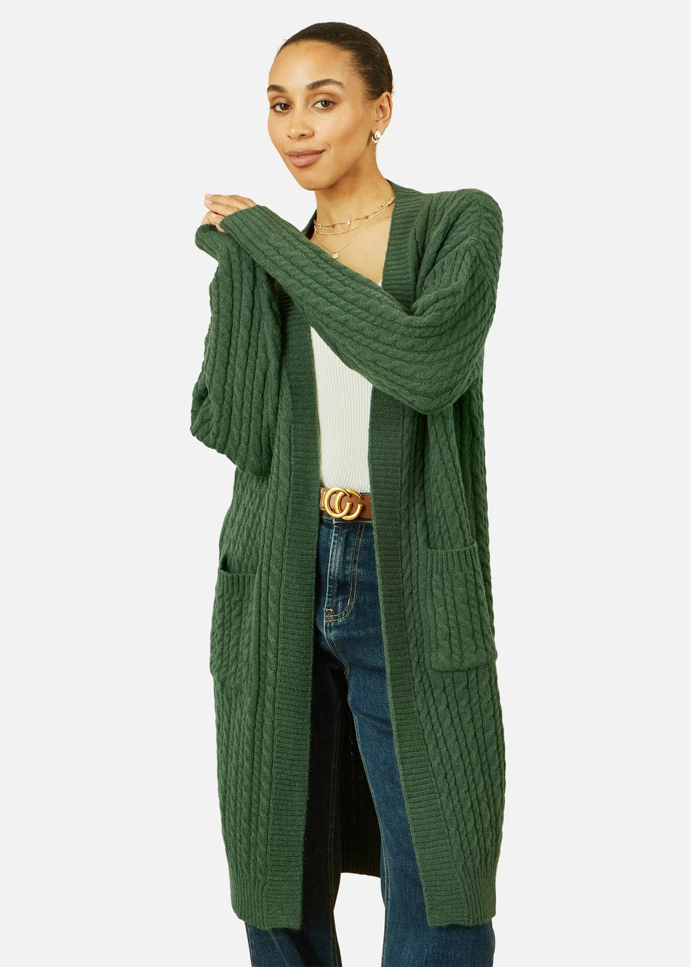 Yumi Green Cable Knit Edge to Edge Long Cardigan With Pockets - S/M Image 2