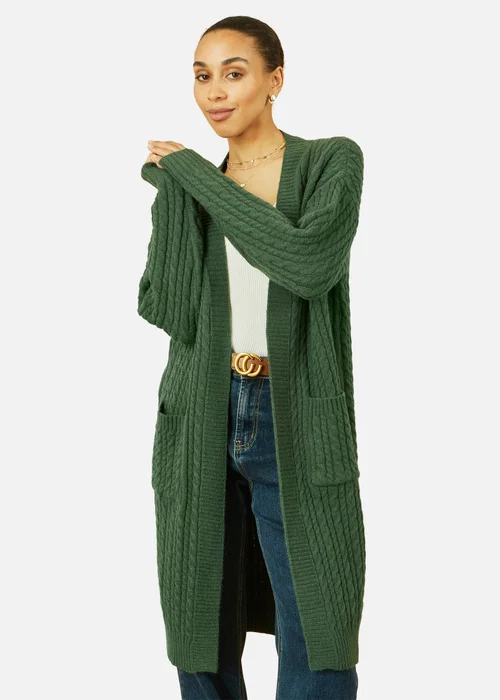 Yumi Green Cable Knit Edge to Edge Long Cardigan With Pockets - S/M Image 2