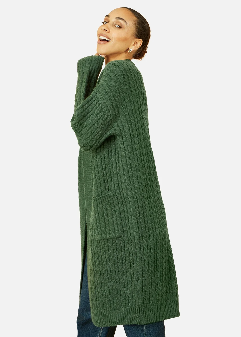 Yumi Green Cable Knit Edge to Edge Long Cardigan With Pockets - S/M Image 3