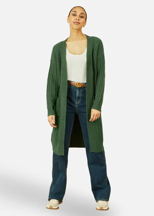 Yumi Green Cable Knit Edge to Edge Long Cardigan With Pockets - S/M Image 1