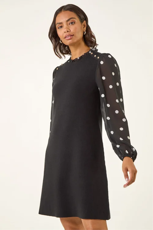 Roman Black Spot Print Frill Knitted Dress - 14 Image 1
