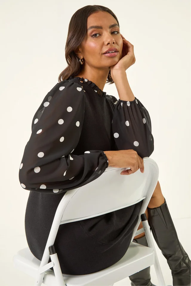 Roman Black Spot Print Frill Knitted Dress