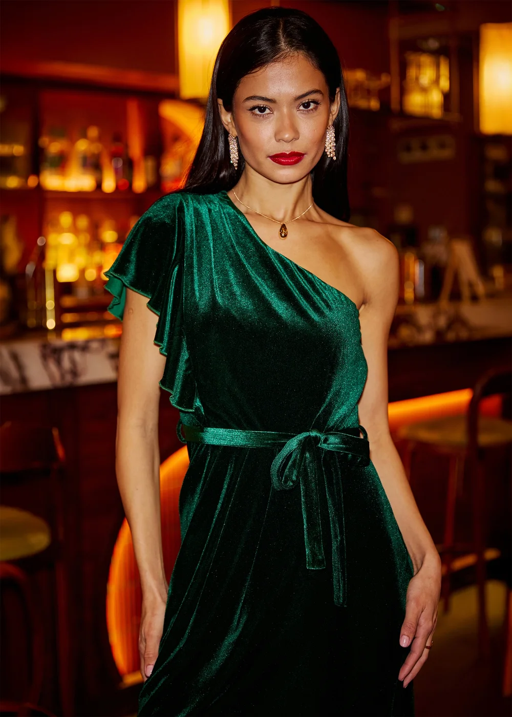 Yumi Green Velvet Frill One Shoulder Midi Dress With Split Hem - 8 | Matalan Yumi Green Velvet Frill One Shoulder Midi Dress With Split Hem - 8 | Matalan