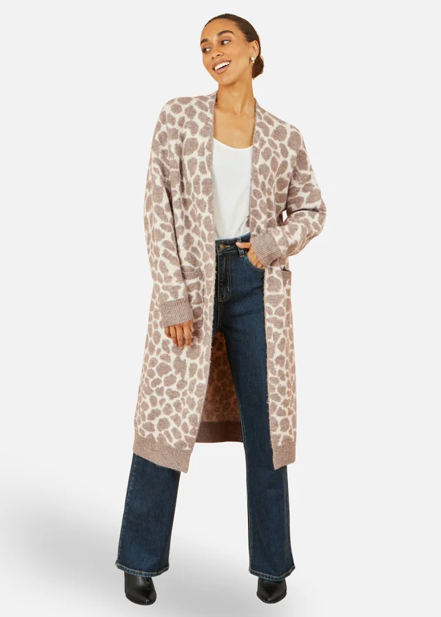 Yumi Beige Animal Print Intarsia Long Cardigan