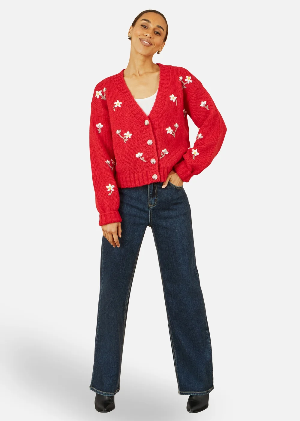 Yumi Red Hand Embroidered Chunky Knitted Cardigan - L Image 1