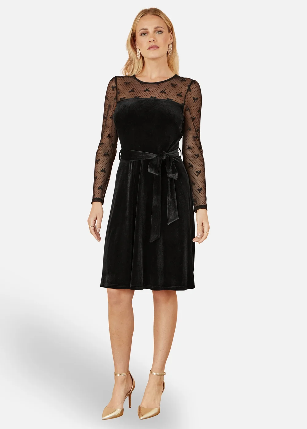 Yumi Black Velvet Skater Dress With Mesh Bow Sleeves - 16 | Matalan Yumi Black Velvet Skater Dress With Mesh Bow Sleeves - 16 | Matalan