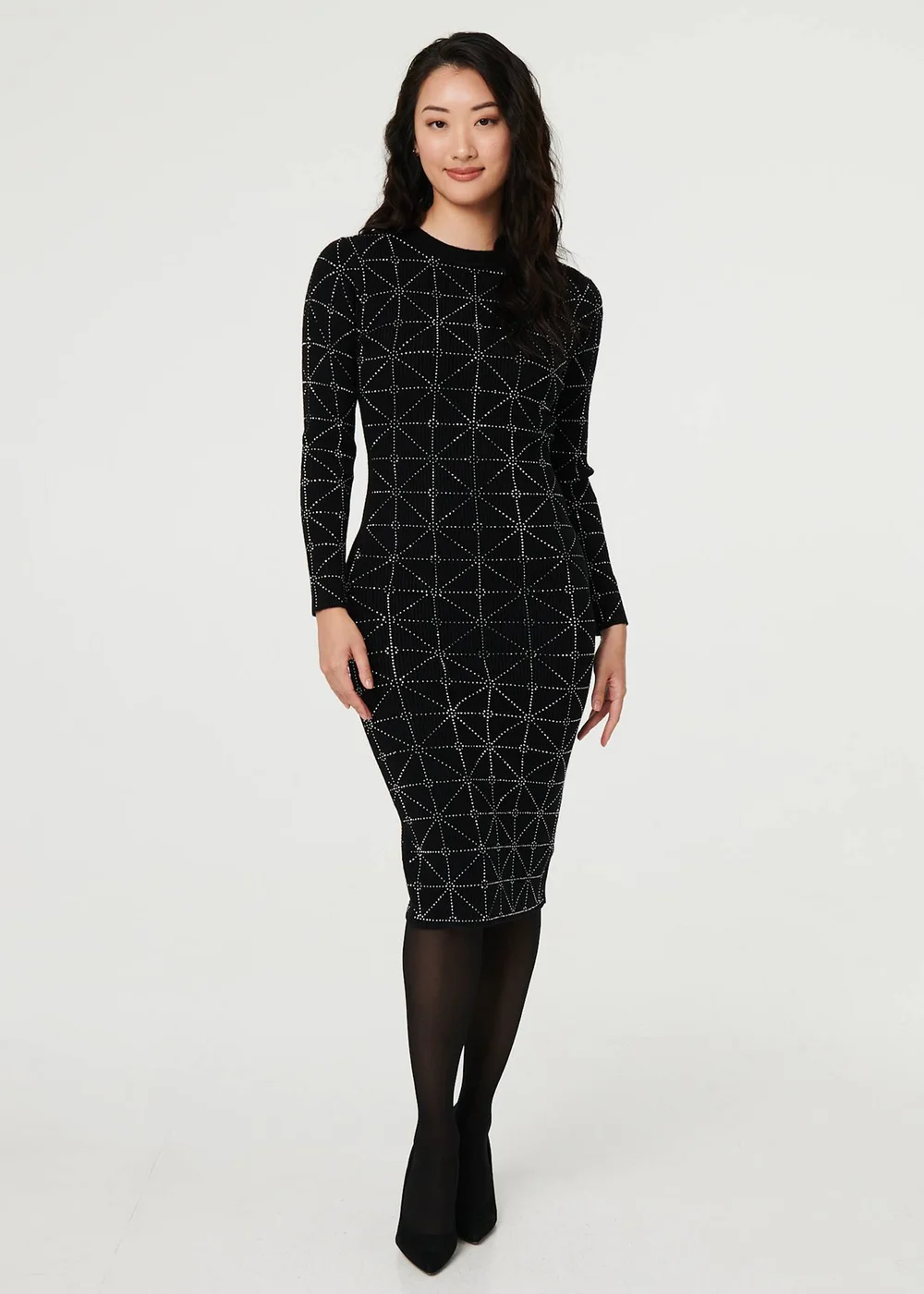 Izabel London Black Geo Diamante Detail Slim Knit Midi Dress - 10 | Matalan Izabel London Black Geo Diamante Detail Slim Knit Midi Dress - 10 | Matalan