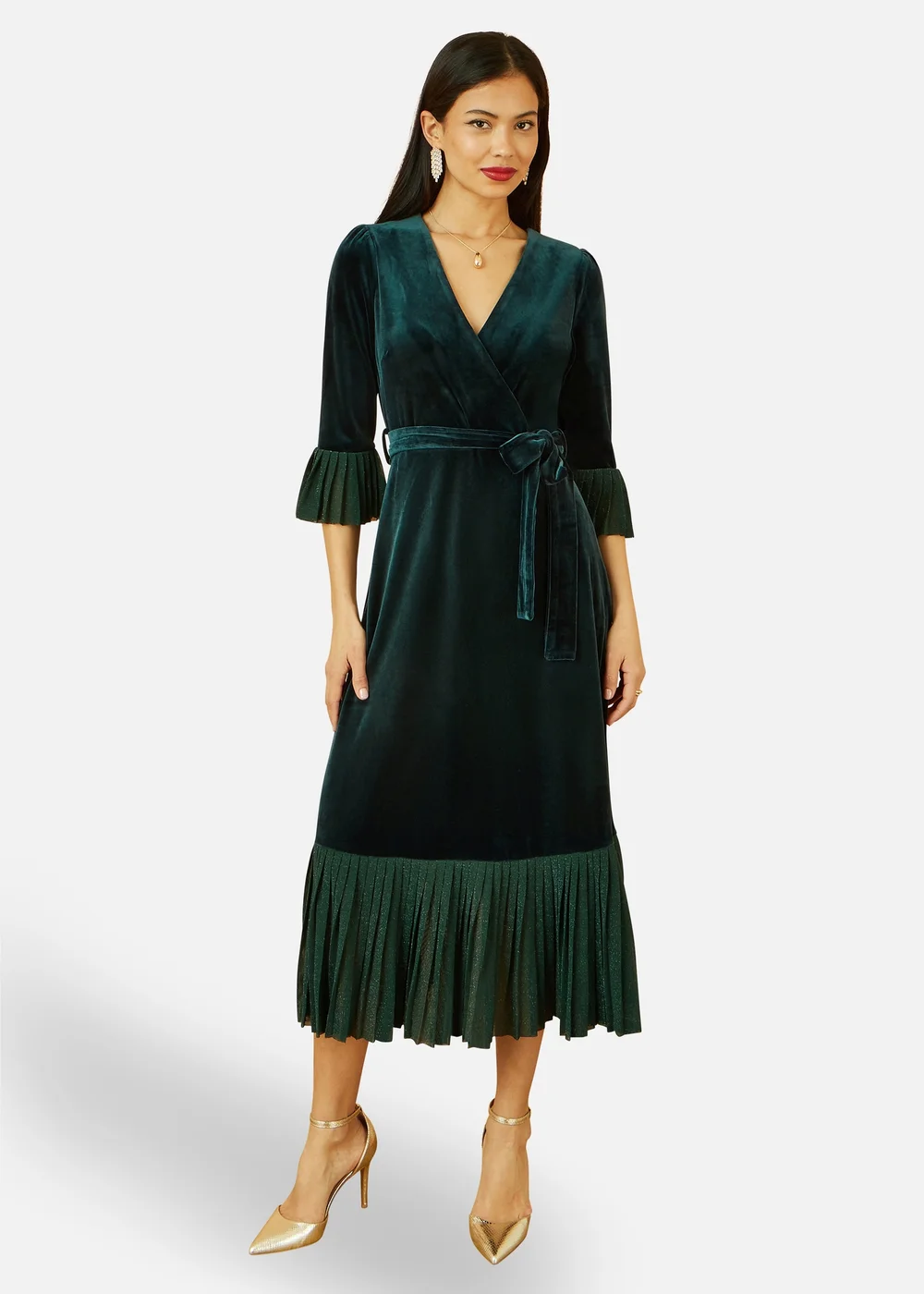 Yumi Green Velvet Wrap Midi Dress With Contrast Hemline - 10 Image 1