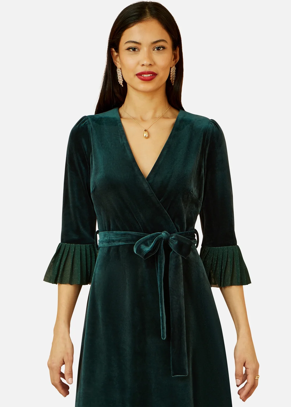 Yumi Green Velvet Wrap Midi Dress With Contrast Hemline - 10 Image 3