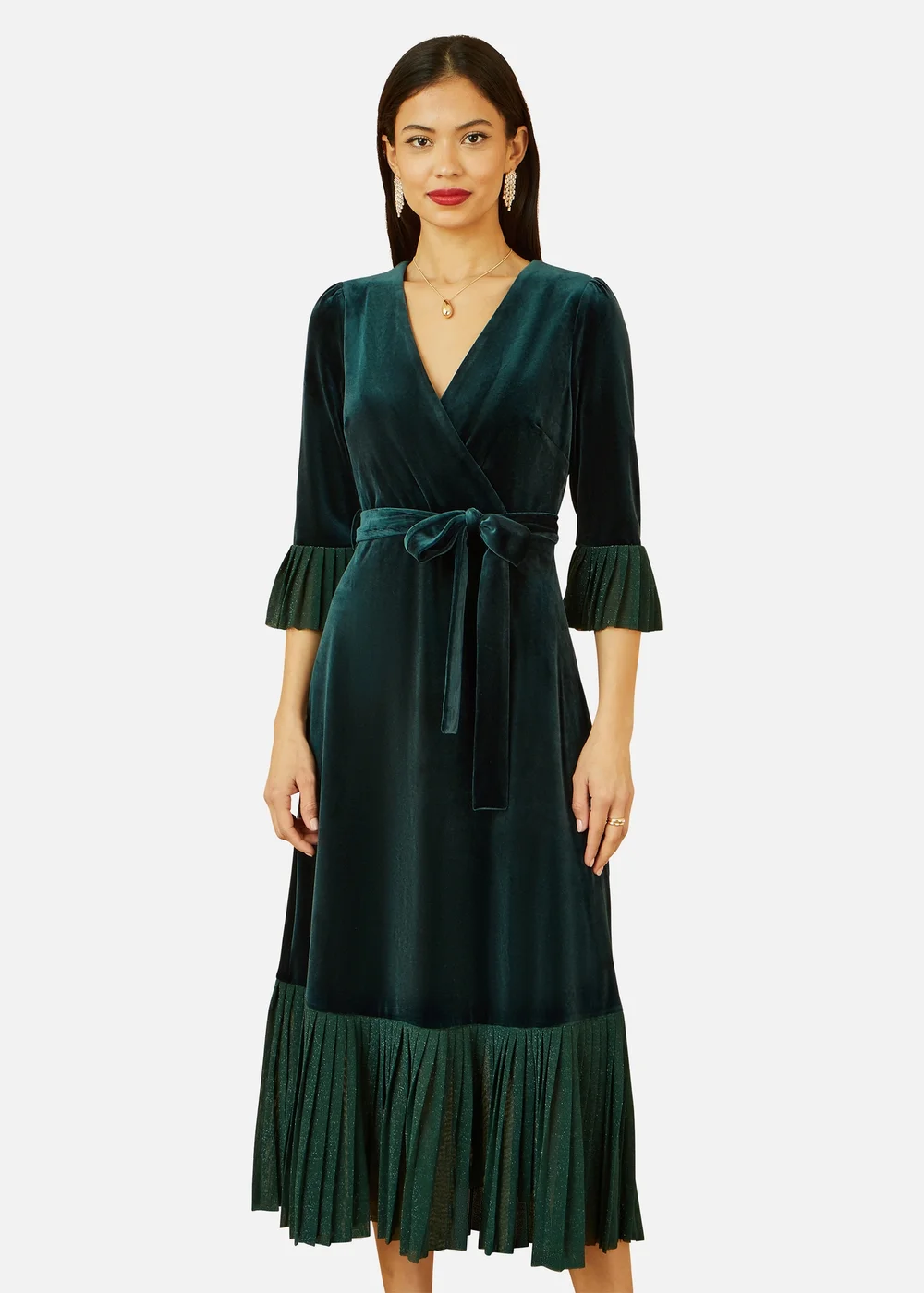 Yumi Green Velvet Wrap Midi Dress With Contrast Hemline - 10 Image 2