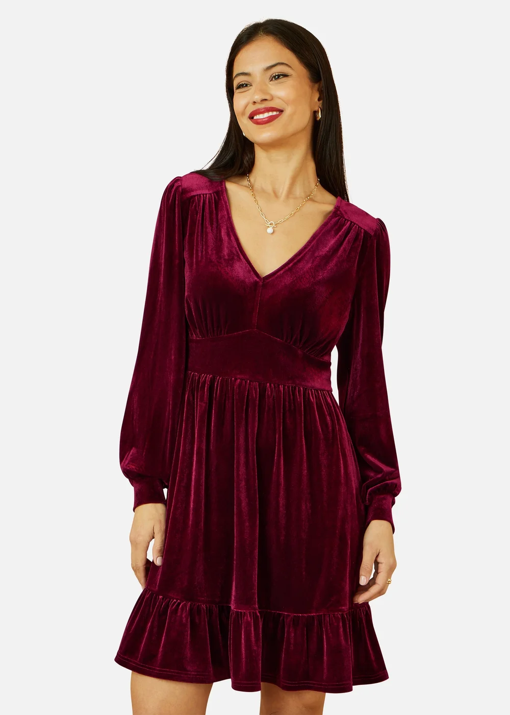 maroon long sleeve skater dress Yumi Women's Velvet Long Sleeve Skater Dress