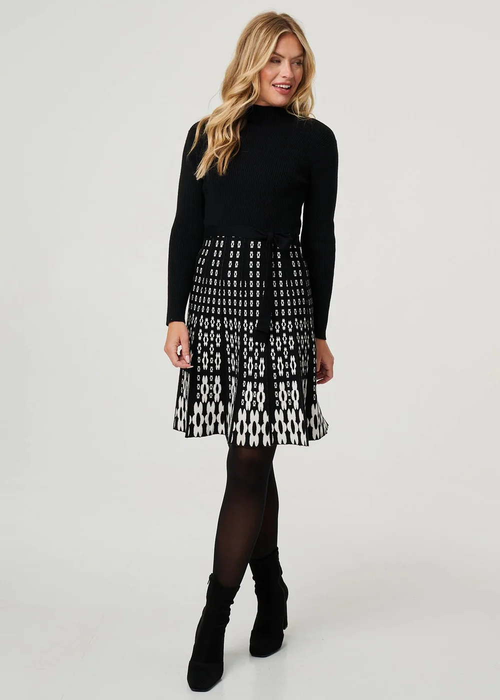 knee length jumper dress Aokosor Long Sleeve Square Neck Jumper Dress - Black | Knee Length Babydoll Dress | Buy Now with Express International Delivery
