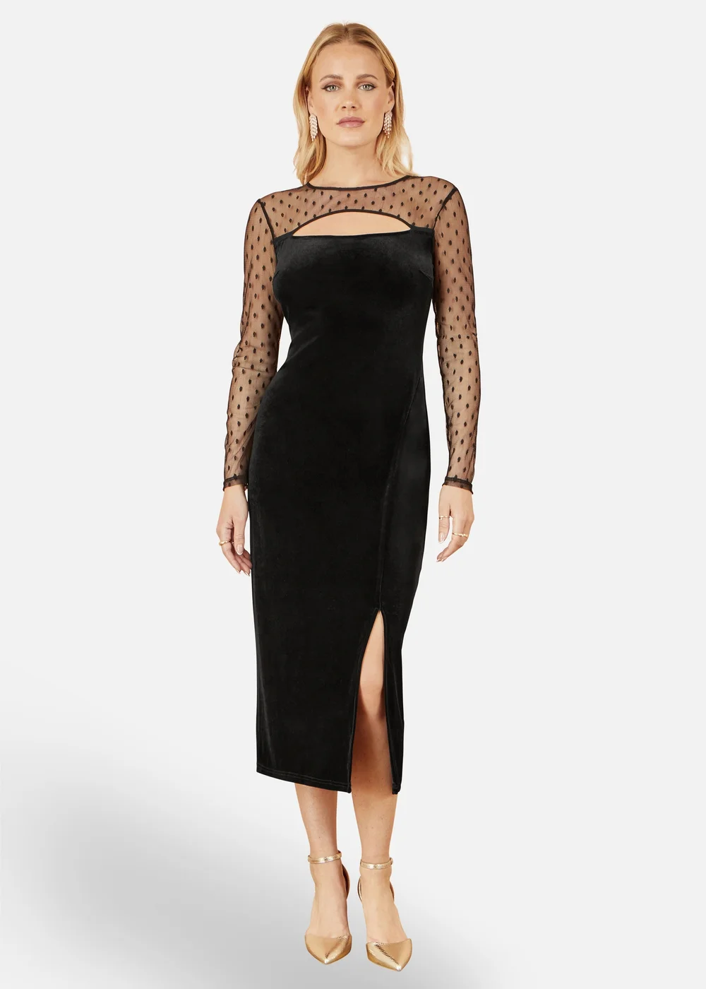 Yumi Black Velvet Midi Dress With Slash Neckline and Sheer Sleeves - 14 | Matalan Yumi Black Velvet Midi Dress With Slash Neckline and Sheer Sleeves - 14 | Matalan