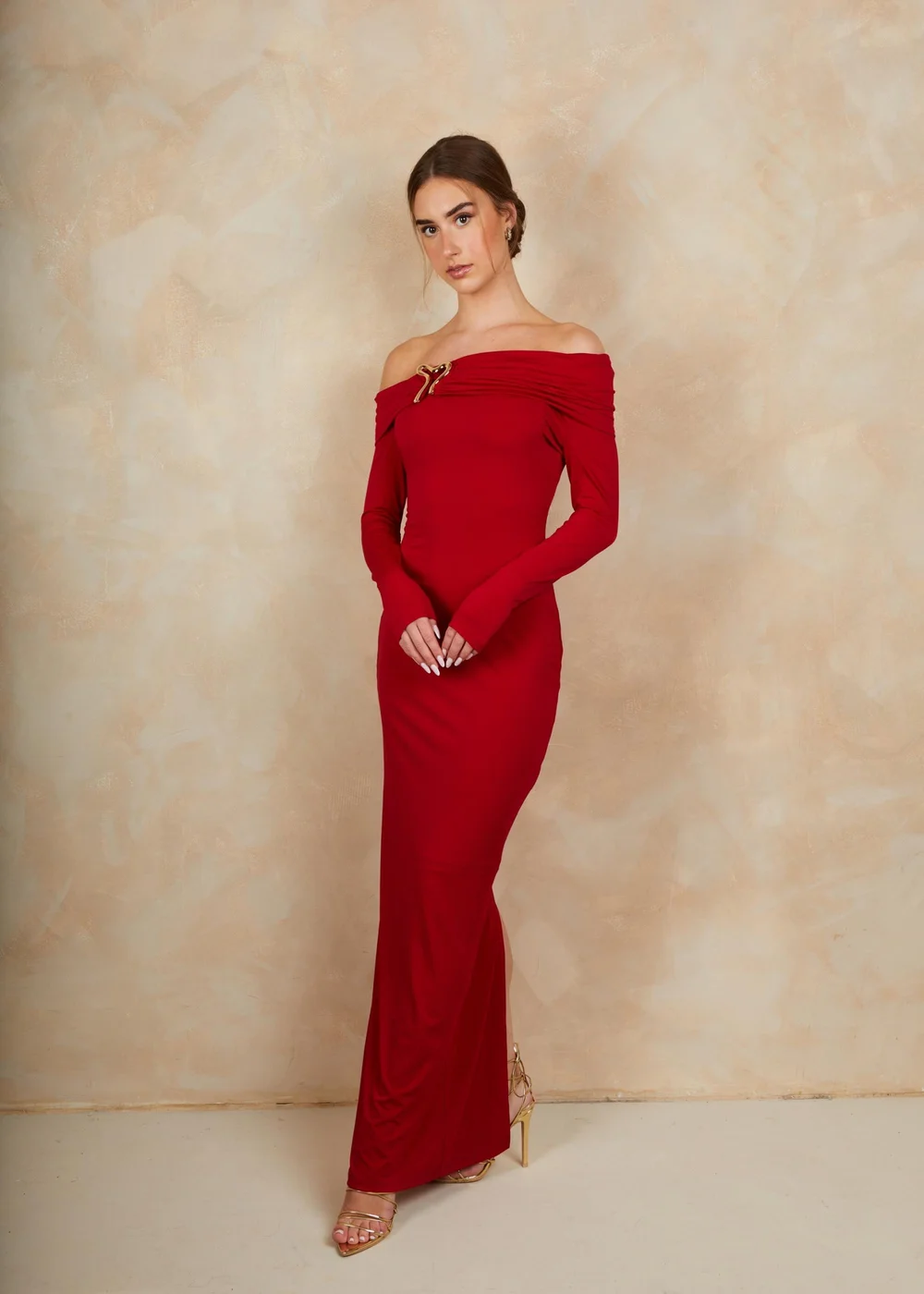 Chi Chi London Red Bardot Hardware Detail Maxi Dress - Size 16 Image 2