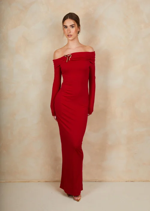 Chi Chi London Red Bardot Hardware Detail Maxi Dress - Size 16 Image 1