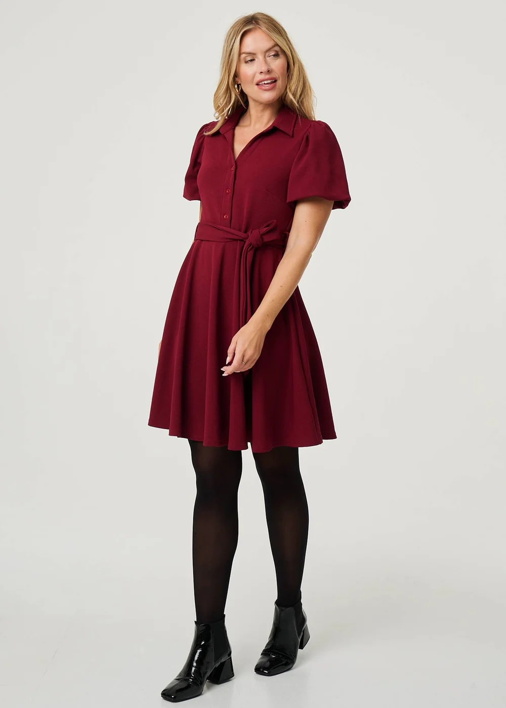 Izabel London Red Puff Sleeve Tie Waist Short Skater Dress - 8 Izabel London Red Puff Sleeve Tie Waist Short Skater Dress - 8