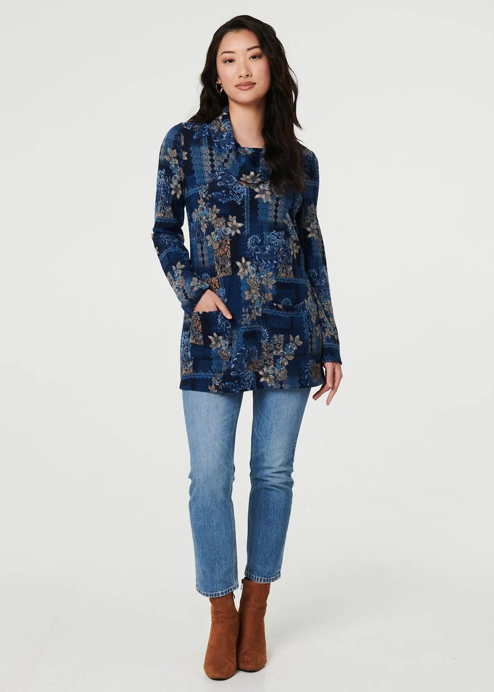 Izabel London Blue Printed Cowl Neck Long Sleeve Tunic Top - 12 Image 4