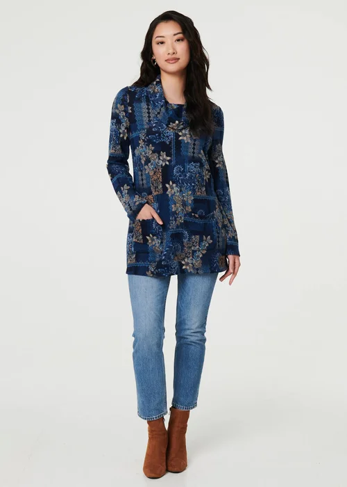 Izabel London Blue Printed Cowl Neck Long Sleeve Tunic Top - 12 Image 4