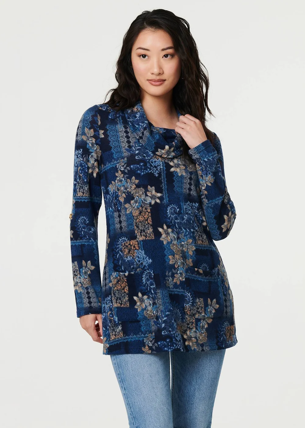 Izabel London Blue Printed Cowl Neck Long Sleeve Tunic Top - 12 Image 1