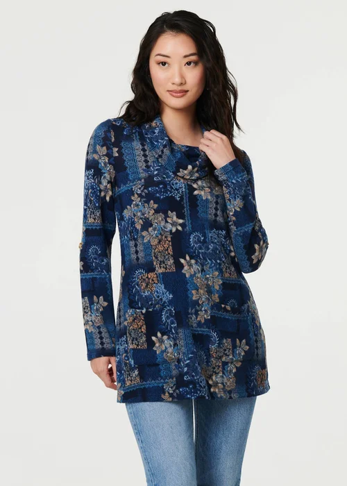 Izabel London Blue Printed Cowl Neck Long Sleeve Tunic Top - 12 Image 1