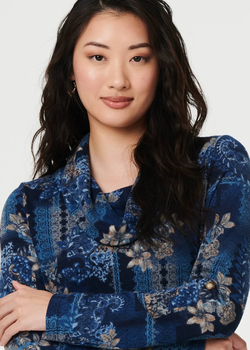 Izabel London Blue Printed Cowl Neck Long Sleeve Tunic Top - 12 Image 3