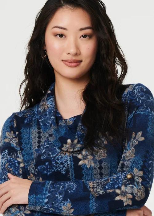 Izabel London Blue Printed Cowl Neck Long Sleeve Tunic Top - 12 Image 3