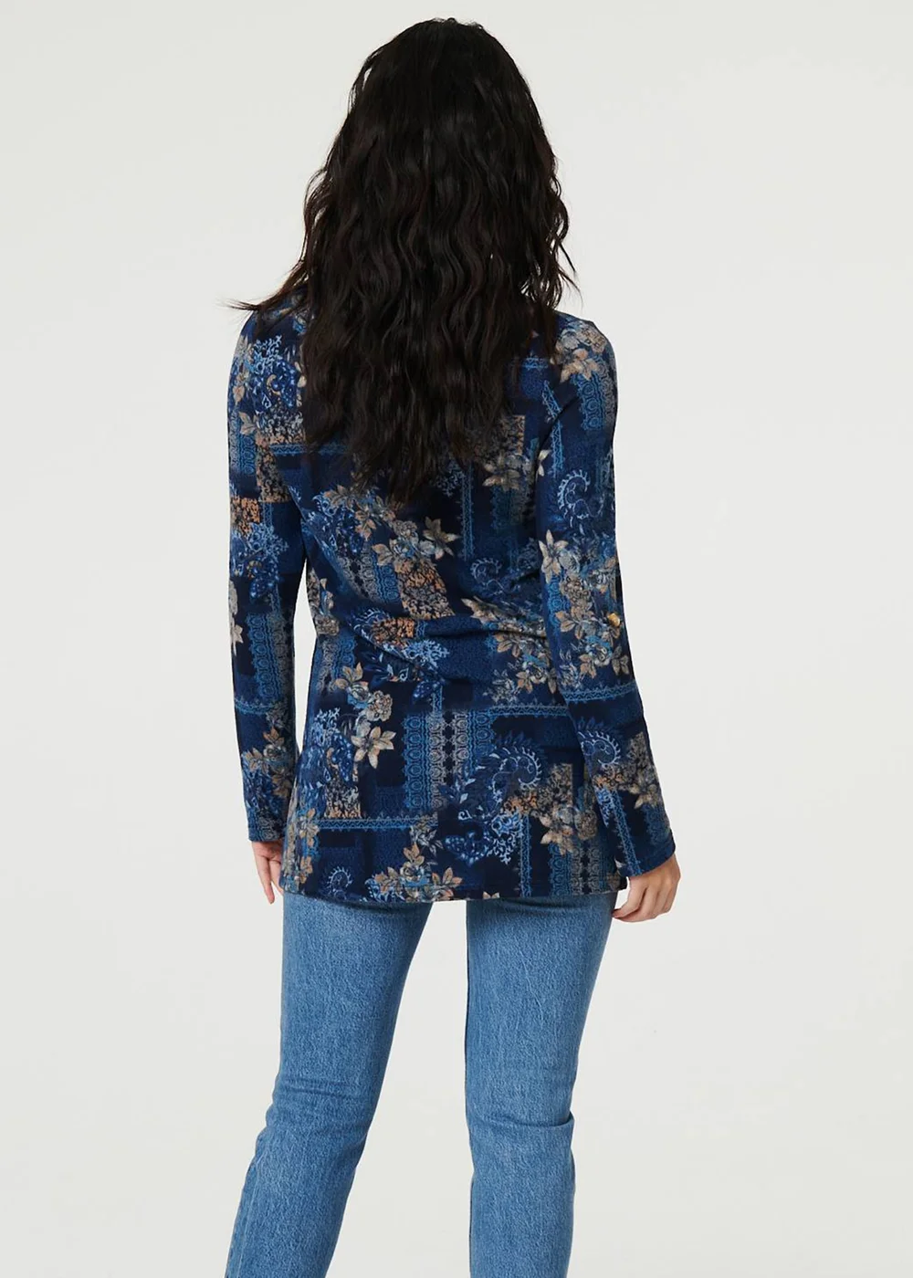 Izabel London Blue Printed Cowl Neck Long Sleeve Tunic Top - 12 Image 2