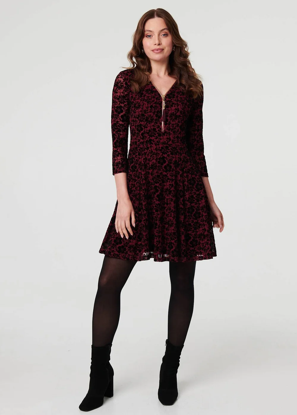 Izabel London Red Floral Zip V-Neck Short Skater Dress - 16 Image 4