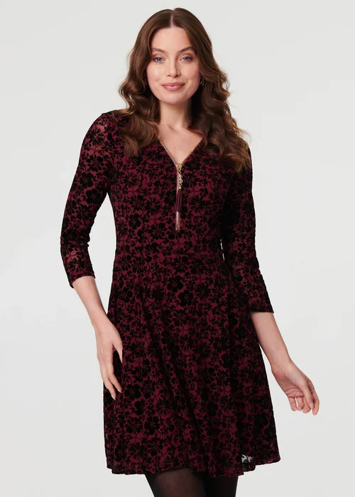 Izabel London Red Floral Zip V-Neck Short Skater Dress - 16 Image 1