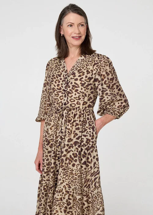 Izabel London Brown Animal Print 3/4 Puff Sleeve Midi Dress - 14 Image 4