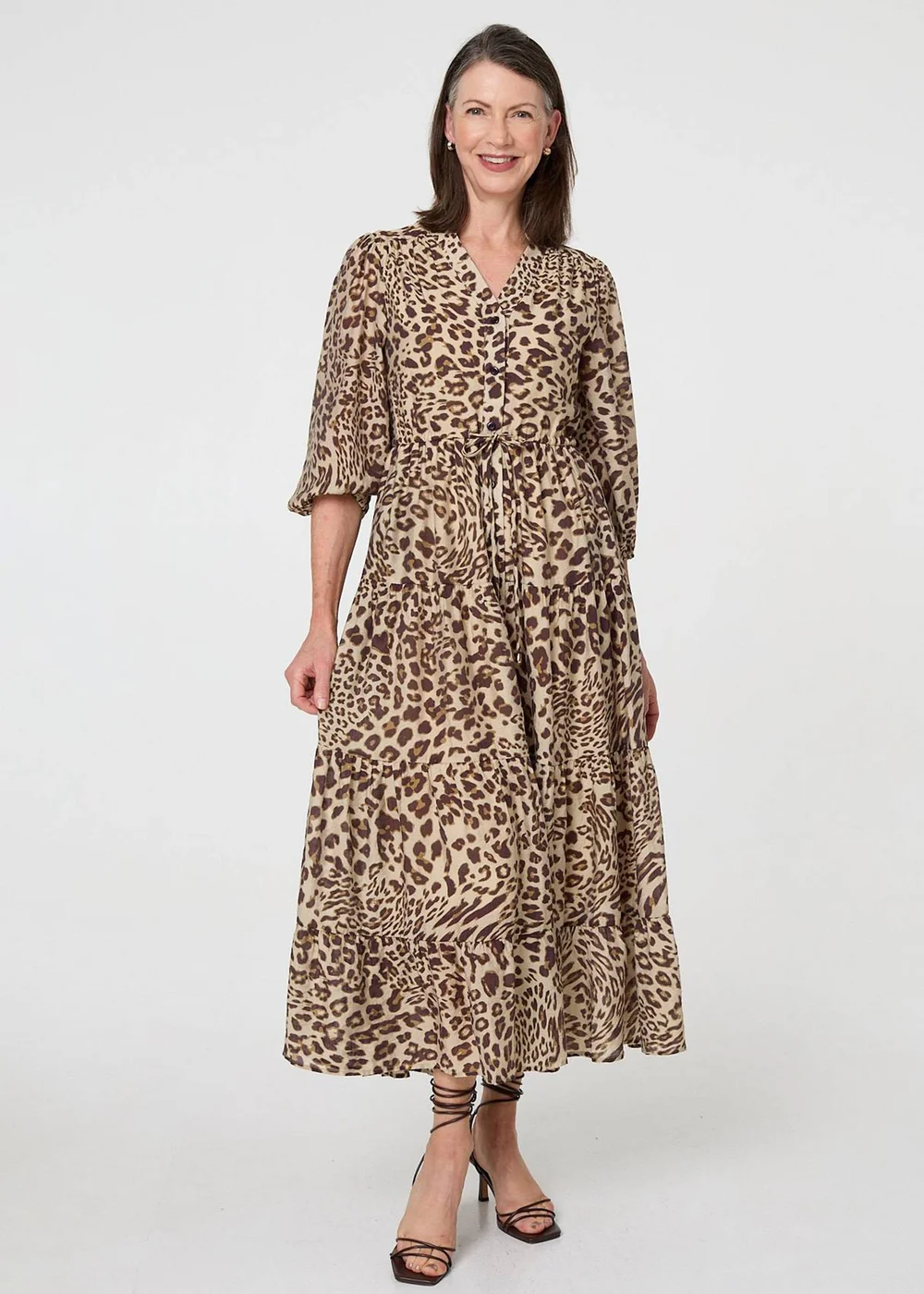 Izabel London Brown Animal Print 3/4 Puff Sleeve Midi Dress - 14 Image 1
