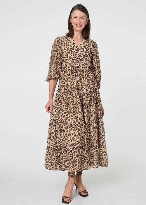 Izabel London Brown Animal Print 3/4 Puff Sleeve Midi Dress - 14 Image 1